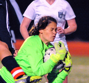 Evan Ghormley/The Wylie News East goalkeeper Jacqueline Ramirez clutches the ball during the Lady Raiders’ 6-3 victory on March 1. They followed that with a 2-1 win last Friday. over McKinney.